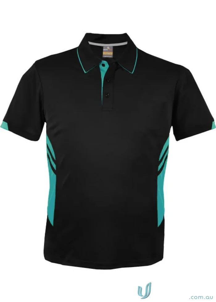 Black Thames dark polo shirt with teal collar and side accents perfect for work uniforms and uniforms workwear