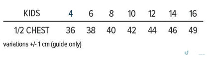 Kids Tasman Polo kids clothing size chart for the Tasman Polo tee