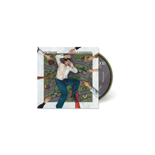 A CD release by The Toxhards, housed in a case showing a man in formalwear lying on a map-like surface with outstretched hands nearby; the partially visible CD hints at tracks from Erwins Orchard.