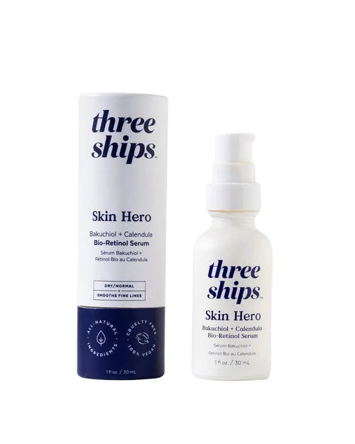 Three Ships Skin Hero Bakuchiol and Calendula Bio-Retinol serum in a 30ml bottle, featuring a sleek skincare product with natural ingredients.