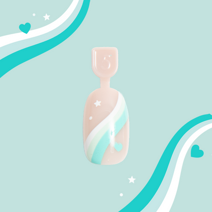 Totally Teal Swirls - Pressies | Short Medium | Round showing a single false nail with teal and white swirls and mini stars and hearts design