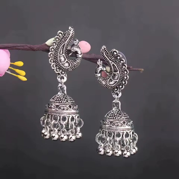 Traditional Oxidized Silver Peacock Jhumka Bell Tassel Earrings Ethnic Jewelry