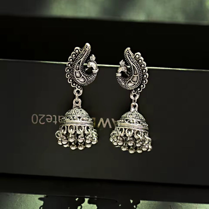Traditional Oxidized Silver Peacock Jhumka Bell Tassel Earrings Ethnic Jewelry