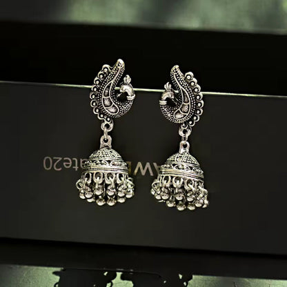 Traditional Oxidized Silver Peacock Jhumka Bell Tassel Earrings Ethnic Jewelry