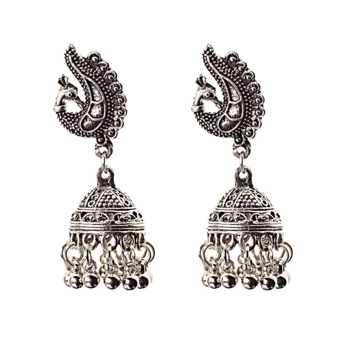 Traditional Oxidized Silver Peacock Jhumka Bell Tassel Earrings Ethnic Jewelry