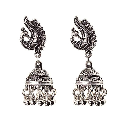 Traditional Oxidized Silver Peacock Jhumka Bell Tassel Earrings Ethnic Jewelry