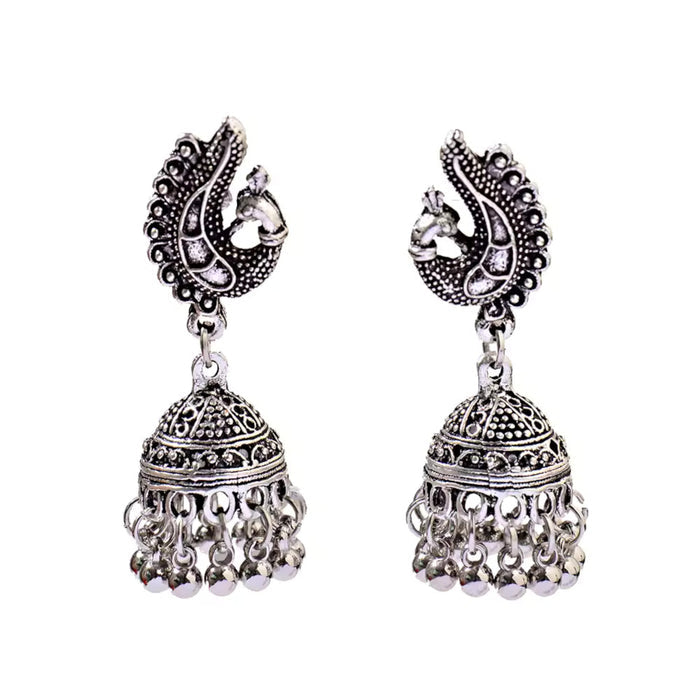 Traditional Oxidized Silver Peacock Jhumka Bell Tassel Earrings Ethnic Jewelry