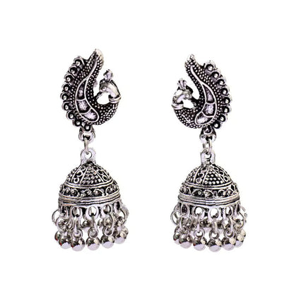Traditional Oxidized Silver Peacock Jhumka Bell Tassel Earrings Ethnic Jewelry