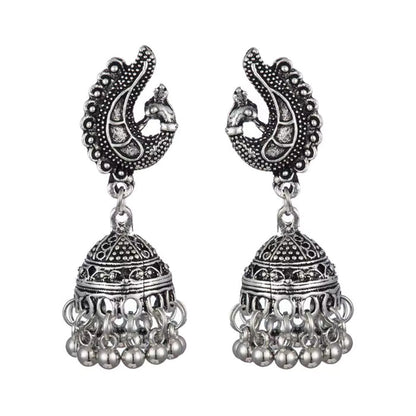 Traditional Oxidized Silver Peacock Jhumka Bell Tassel Earrings Ethnic Jewelry