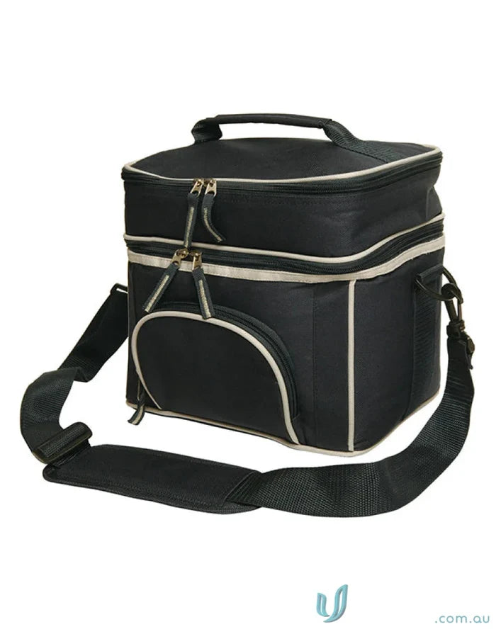Black insulated spirit travel cooler bag with white piping and adjustable shoulder strap