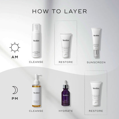 Infographic titled "HOW TO LAYER" showing AM and PM routines. The AM routine includes Calmwise Soothing Cleanser for Cleanse, Ultimate Recovery for Restore, and Advanced Day Ultimate Protect for Sunscreen. The PM routine includes Lipid-Balance Cleansing Oil for Cleanse, Hydr8 B5 Intense for Hydrate, and Ultimate Recovery for Restore.