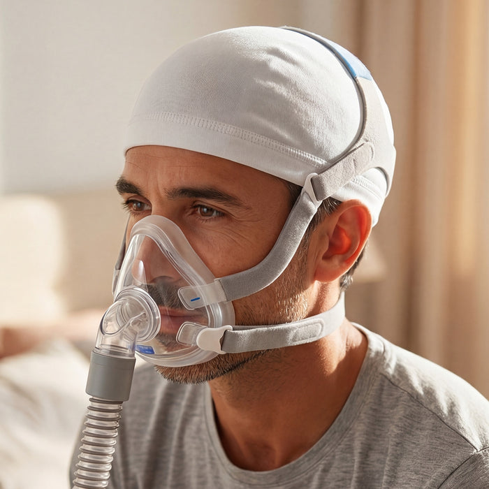 Person wearing a full-face mask  and CPAPhero Hat on a white background