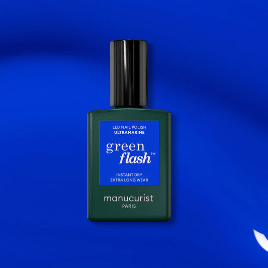 A bottle of Manucurist's Ultramarine electric blue gel polish.