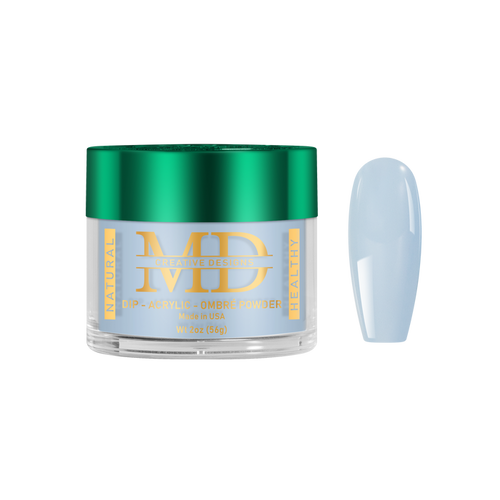 Jar of MD nail powder with a light blue nail tip color swatch on a white background