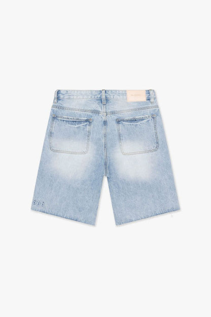 Light blue wash denim shorts featuring a stylish fit and casual summer-ready design, ideal for warm weather and everyday wear