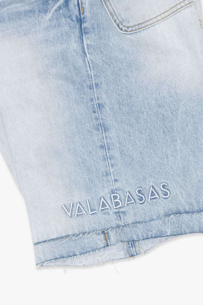 Bright light blue wash denim shorts labeled Mr Shorts from Valabasas, stylish casual men's summer wear with distressed details and comfortable fit