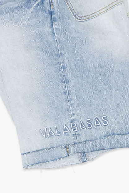 Bright light blue wash denim shorts labeled Mr Shorts from Valabasas, stylish casual men's summer wear with distressed details and comfortable fit