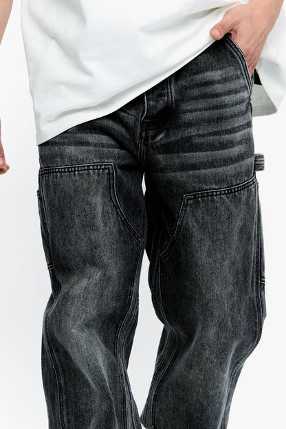 Full-length side profile of Valabasas Mr Straight Grey Denim Jeans emphasizing the straight leg cut