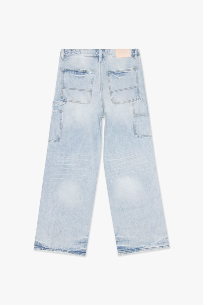 Close-up of Valabasas Mr Straight light blue wash denim jeans showcasing classic straight fit design