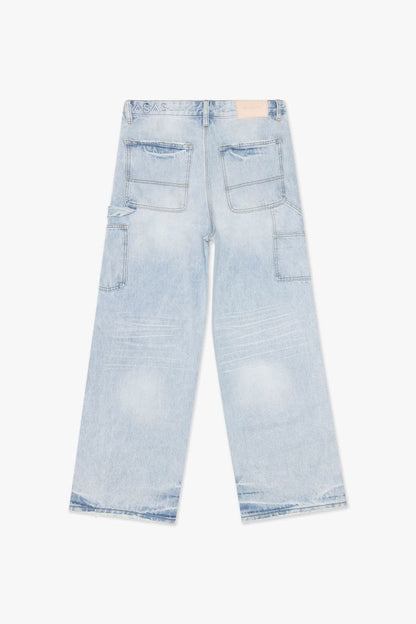 Close-up of Valabasas Mr Straight light blue wash denim jeans showcasing classic straight fit design