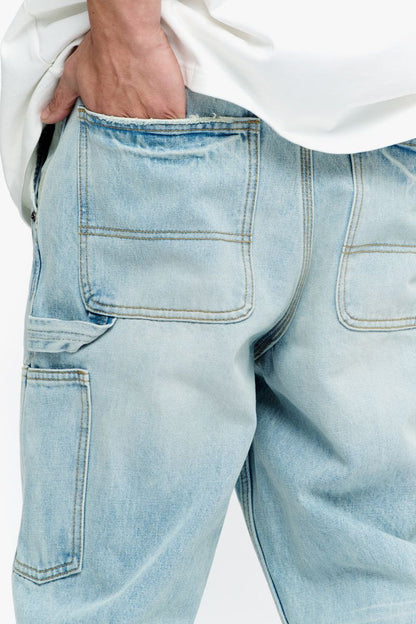 Back view of Valabasas Mr Straight light blue wash denim jeans displaying back pockets and fit