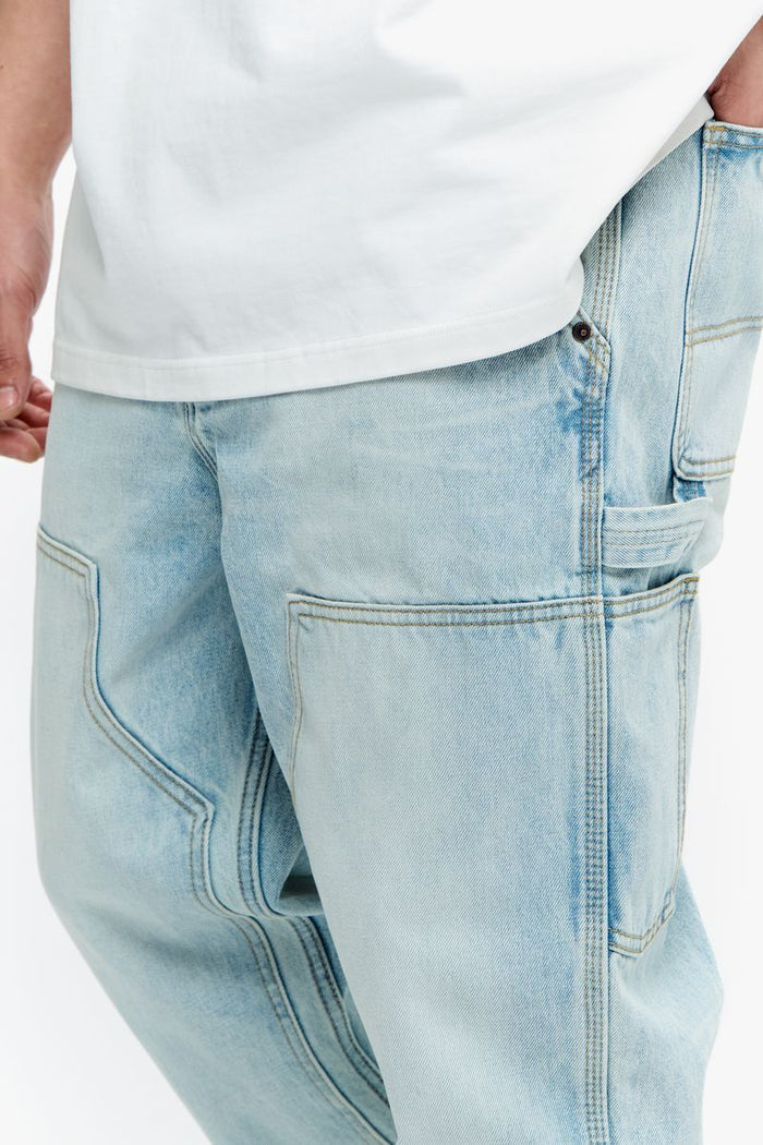 Full-length image of Valabasas Mr Straight light blue wash denim jeans emphasizing straight-leg cut