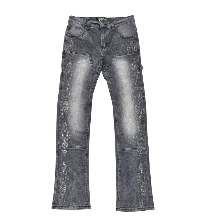 Vicious Carpenter Flare Grey Denim Jeans with Rhinestone Details and Stylish Design