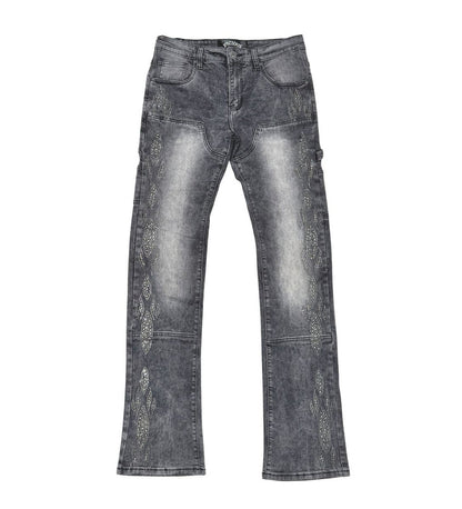 Vicious Carpenter Flare Grey Denim Jeans with Rhinestone Details and Stylish Design