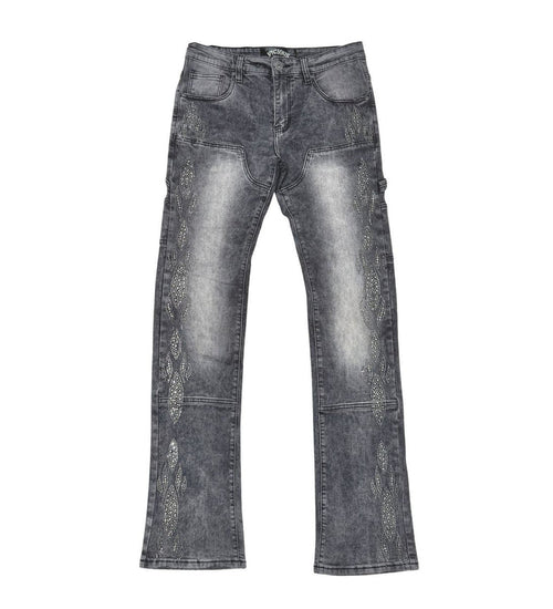 Vicious Carpenter Flare Grey Denim Jeans with Rhinestone Details and Stylish Design