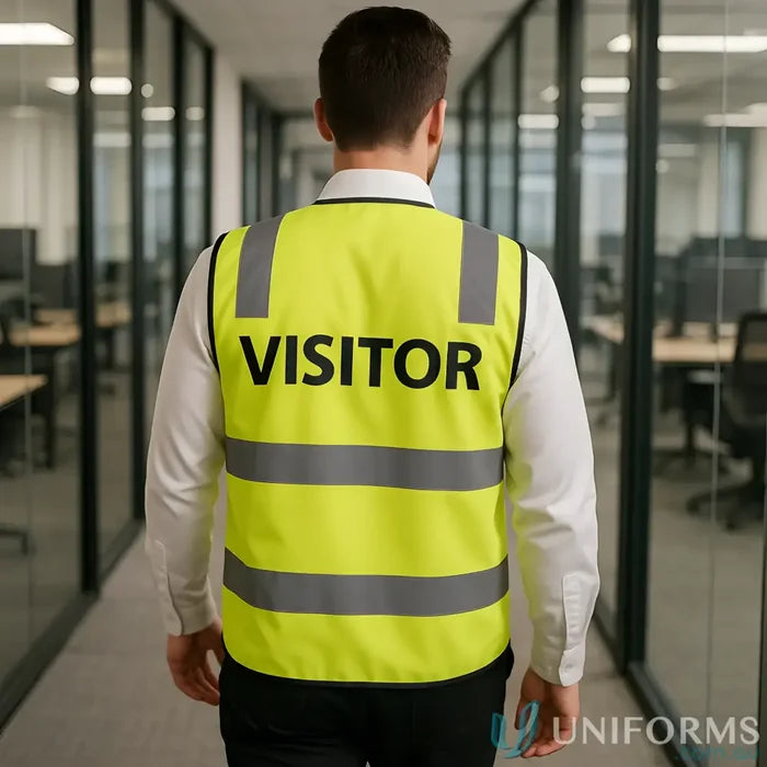 Yellow high-visibility safety vest with reflective stripes for extra large workwear uniforms