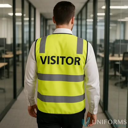 Yellow high-visibility safety vest with reflective stripes for extra large workwear uniforms