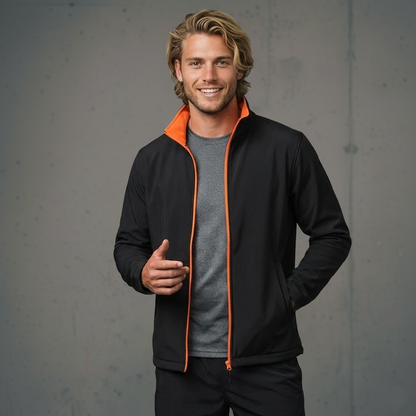 Black softshell jacket with orange lining, zipper trim and zip puller to stay dry