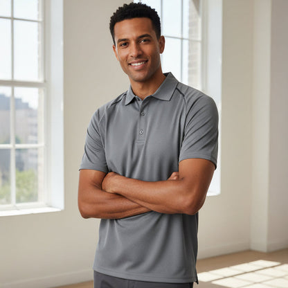 Man in Watsonia Polo gray cyber polo short-sleeve textured shirt
