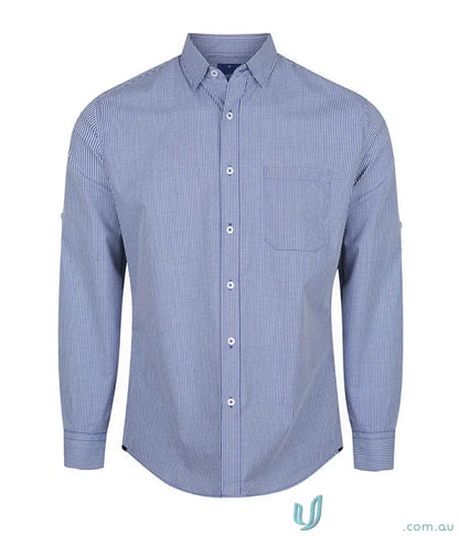 Blue striped slim fit long sleeve shirt made from silk protein fabric in WESTGARTH collection