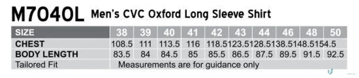Men’s M7040S CVC Oxford Short Sleeve Shirt size chart with chest and length measurements