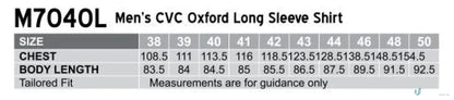 Men’s M7040S CVC Oxford Short Sleeve Shirt size chart with chest and length measurements