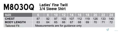 Ladies size chart for Winning Spirit Ladies Fine Twill Shirt showing fit details
