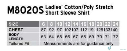 Ladies short sleeve shirt size chart for Winning Spirit Ladies Stretch with M8020S Women’s Cotton
