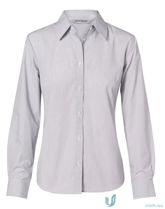 Gray women’s fine stripe long sleeve shirt from Winning Spirit Womens Fine Stripe LS Shirt