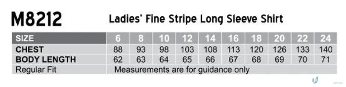 Women’s fine stripe long sleeve shirt size chart for the Winning Spirit Womens Fine Stripe LS Shirt