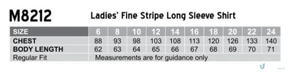 Women’s fine stripe long sleeve shirt size chart for the Winning Spirit Womens Fine Stripe LS Shirt