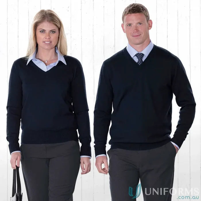 Women wearing dark blue merino wool V-neck pullovers with 1x1 rib, perfect for uniforms