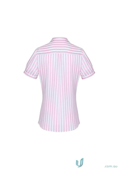 Pink and white striped short-sleeved shirt from Womens Verona S/S Shirt, perfect for work uniforms
