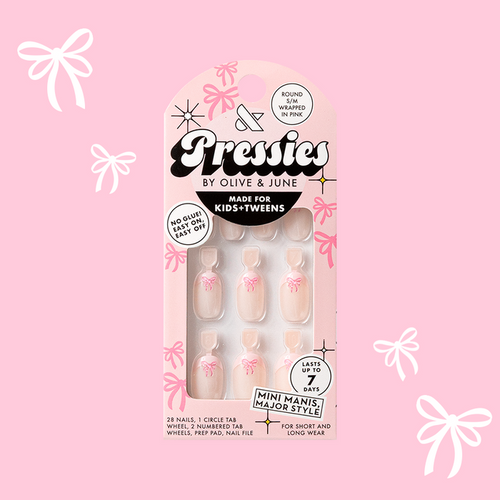 Wrapped in Pink - Pressies | Short Medium | Round showing baby pink french mani with 3D pink bow press-on nails in packaging