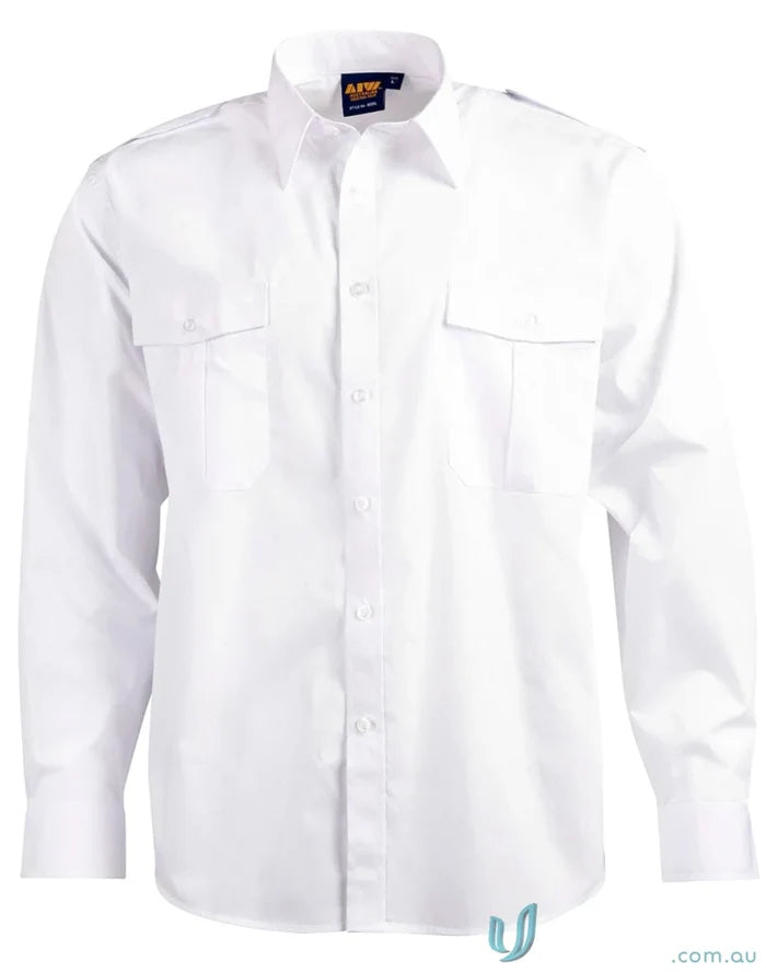 White long-sleeved Winning Spirit Epaulette LS Shirt with pleated pockets and unisex epaulette style