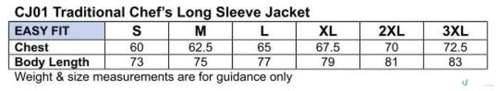 Winning Spirit Traditional Short Sleeve Chefs Jacket size chart for the perfect fit