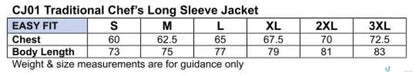Winning Spirit Traditional Short Sleeve Chefs Jacket size chart for the perfect fit