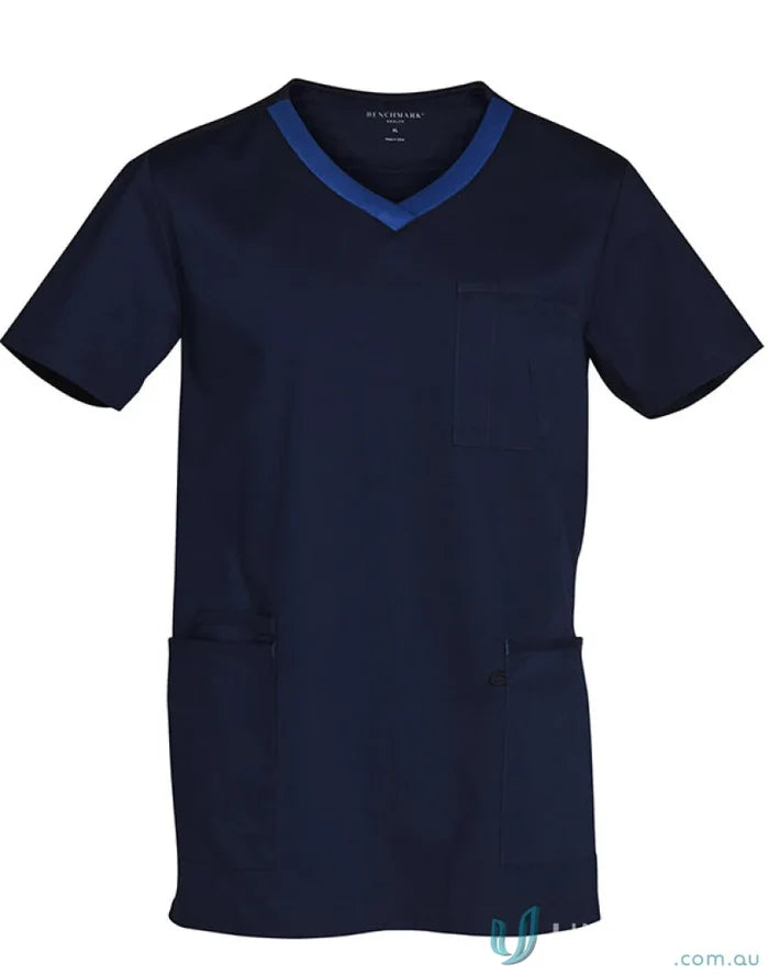 Winning Spirit Adult navy blue V-neck scrub top with contrast trim for a stylish look