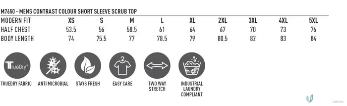 Men’s scrub top size chart and fabric info for Winning Spirit Adult VNeck Contrast Trim Scrub