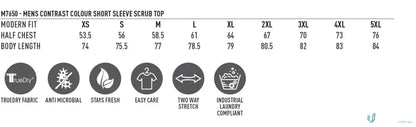 Men’s scrub top size chart and fabric info for Winning Spirit Adult VNeck Contrast Trim Scrub
